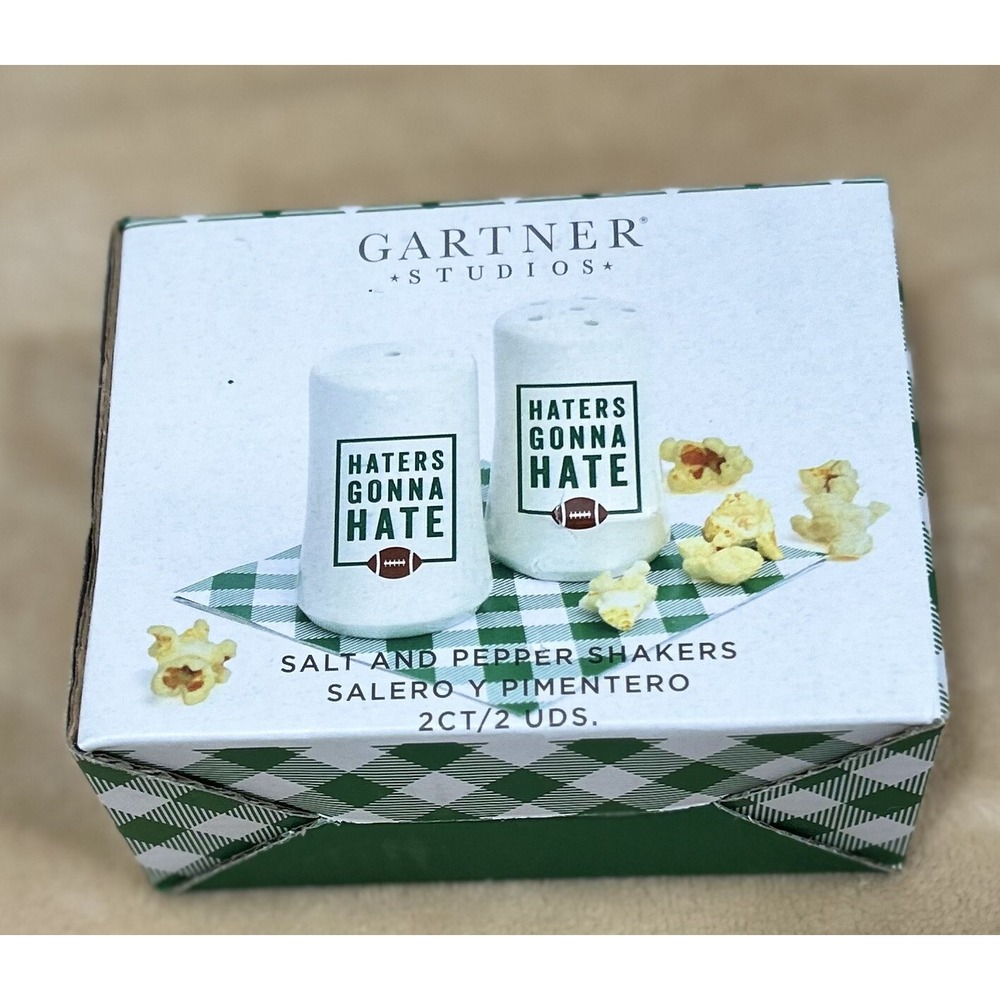 GARTNER STUDIOS Salt and Pepper Shakers "HATERS GONNA HATE" Football Sports NIB
